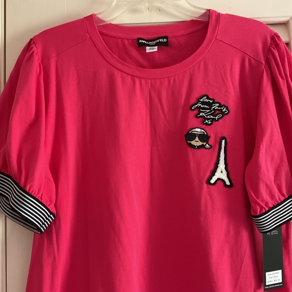 NWT KARL LAGERFELD Raspberry Embroidered Logo Design Woman T-Shirt Size US L - Picture 2 of 10